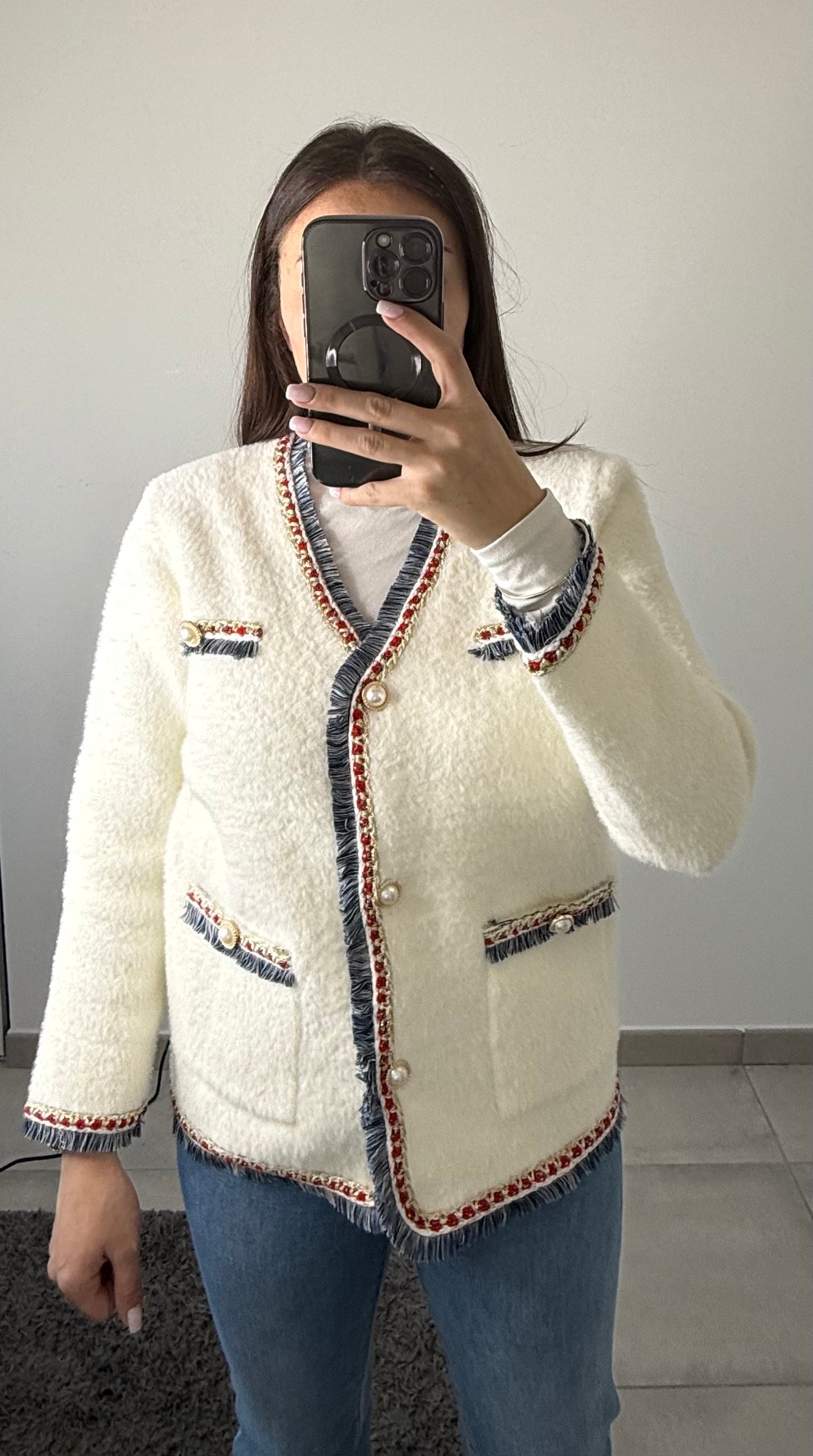 Veste blanche lisere bleu rouge