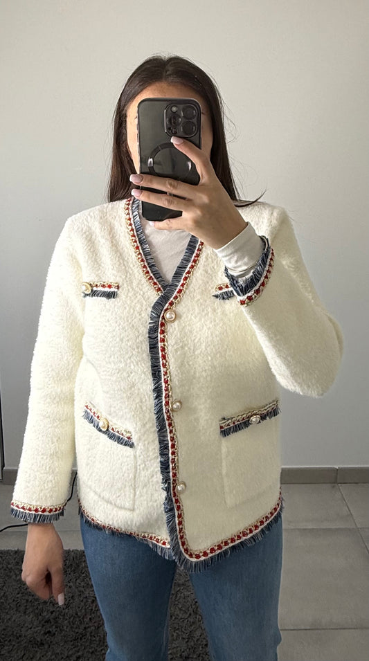 Veste blanche lisere bleu rouge