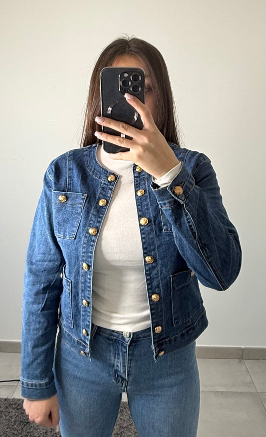 Veste en jeans col rond bouton doré